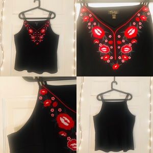 Floral embroidered double strap black top